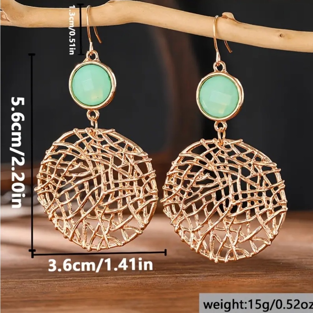 Chic Gold and Mint Green Stone Dangle Earrings - Picture 5 of 6
